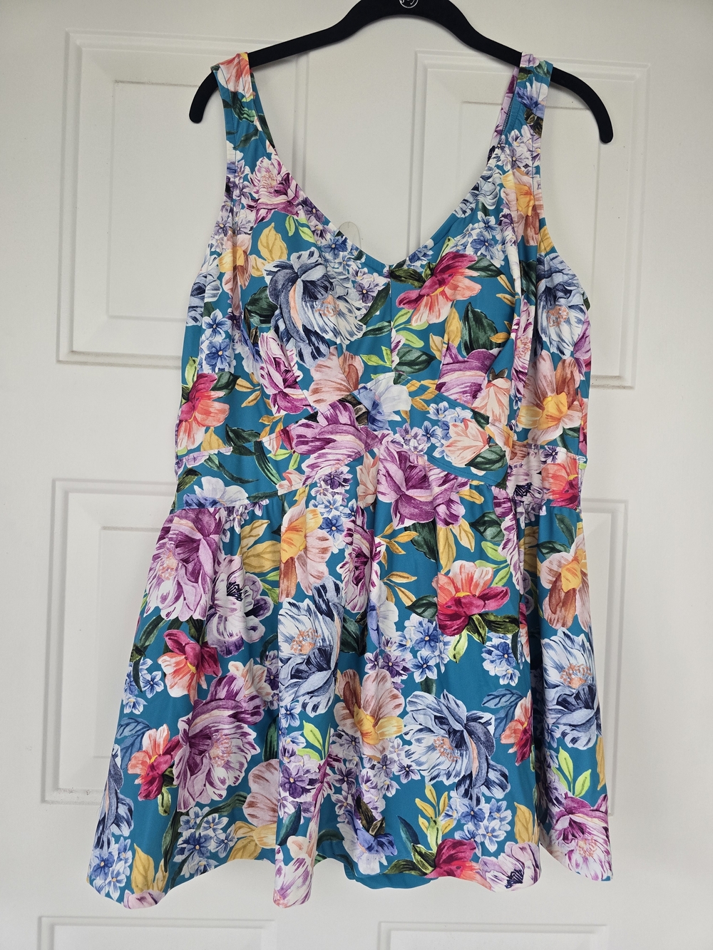 Maxine of Hollywood Yellow Blue Floral Swim Dress Teal V-Neck Size 22W